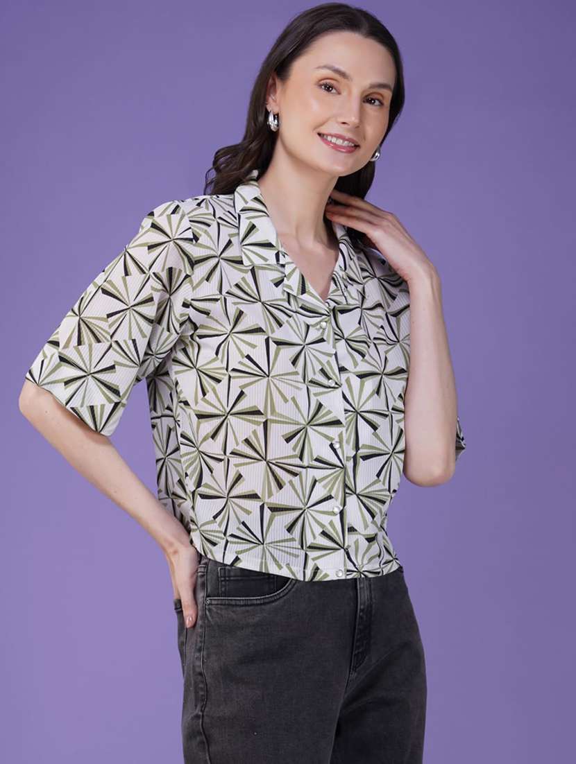 women printed lapel neck shirt style top