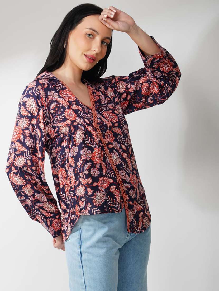 women floral print long sleeve asymmetric top