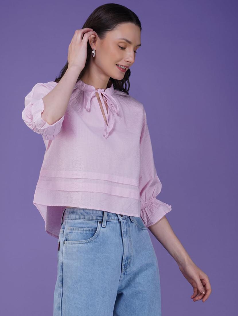 women solid tie-up neck puff sleeve crop top - 21935527 - Zoom Image - 0