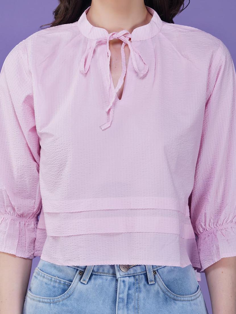 women solid tie-up neck puff sleeve crop top - 21935527 - Standard Image - 5