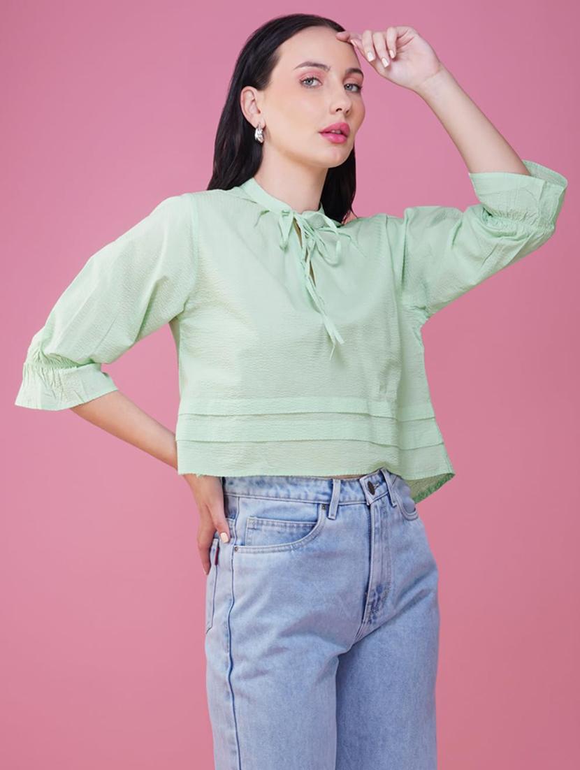 women solid tie-up neck puff sleeve crop top - 21935528 - Standard Image - 3