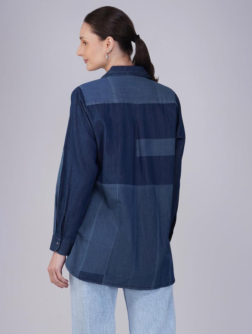 women color blocked collared long sleeve denim shirt - 21935600 - Standard Image - 3