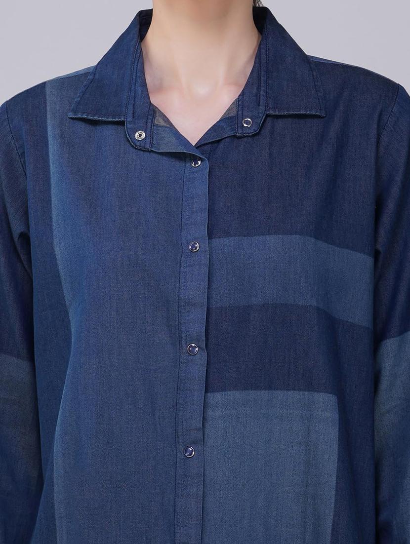 women color blocked collared long sleeve denim shirt - 21935600 - Standard Image - 5