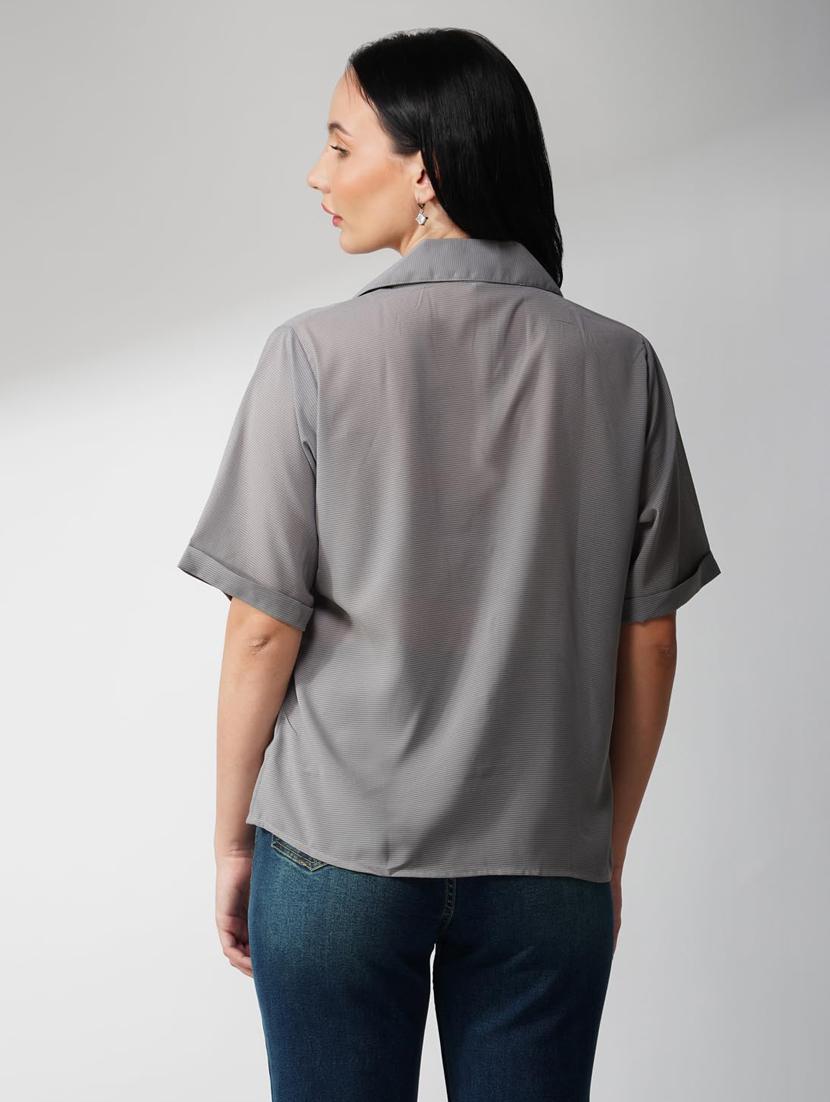 women lapel solid collared short sleeve shirt - 21935601 - Standard Image - 3