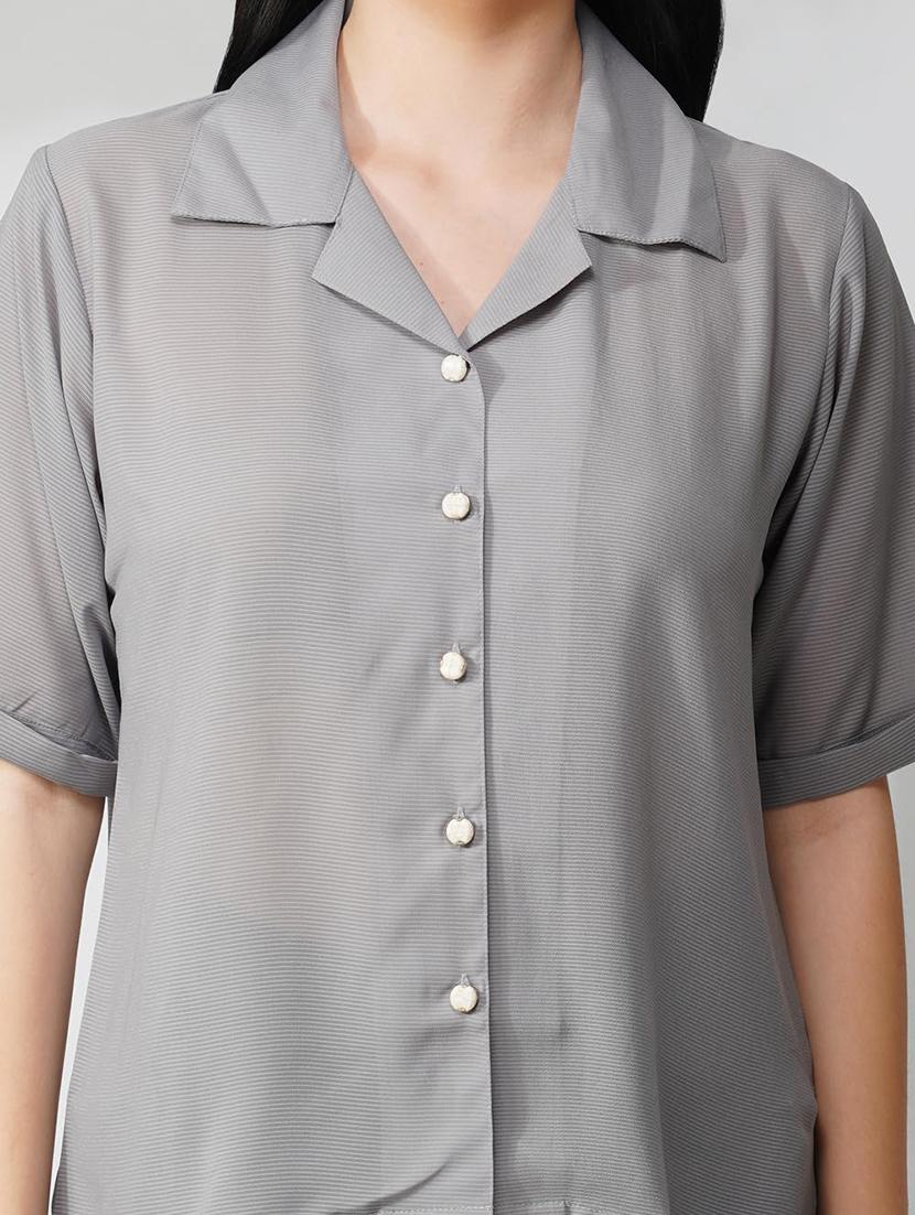 women lapel solid collared short sleeve shirt - 21935601 - Standard Image - 5