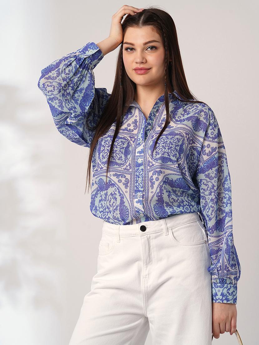 women printed puff sleeve relaxed fit shirt