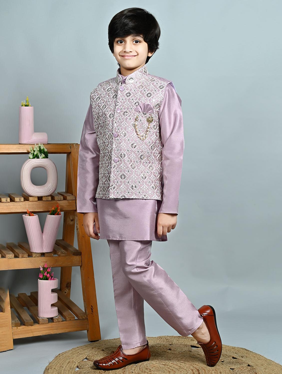 boys solid kurta pyjama with embroidered jacket