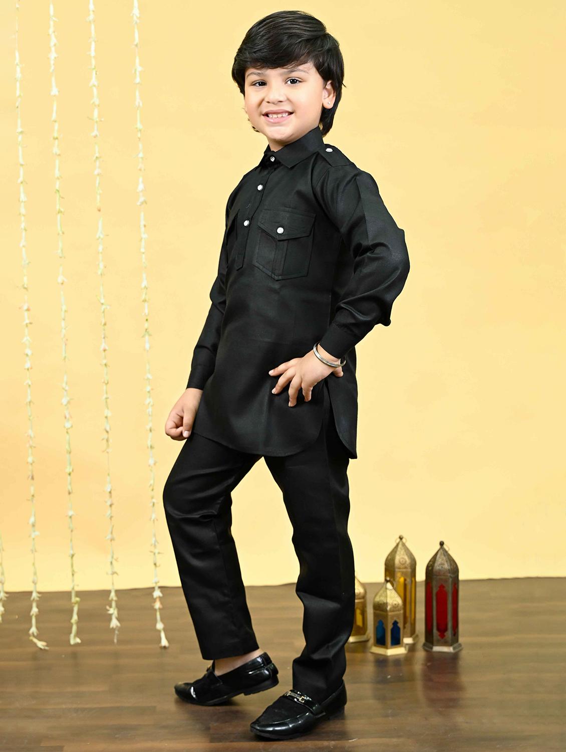 boys solid long sleeve kurta and pyjama set - 21935663 -  Zoom Image - 0