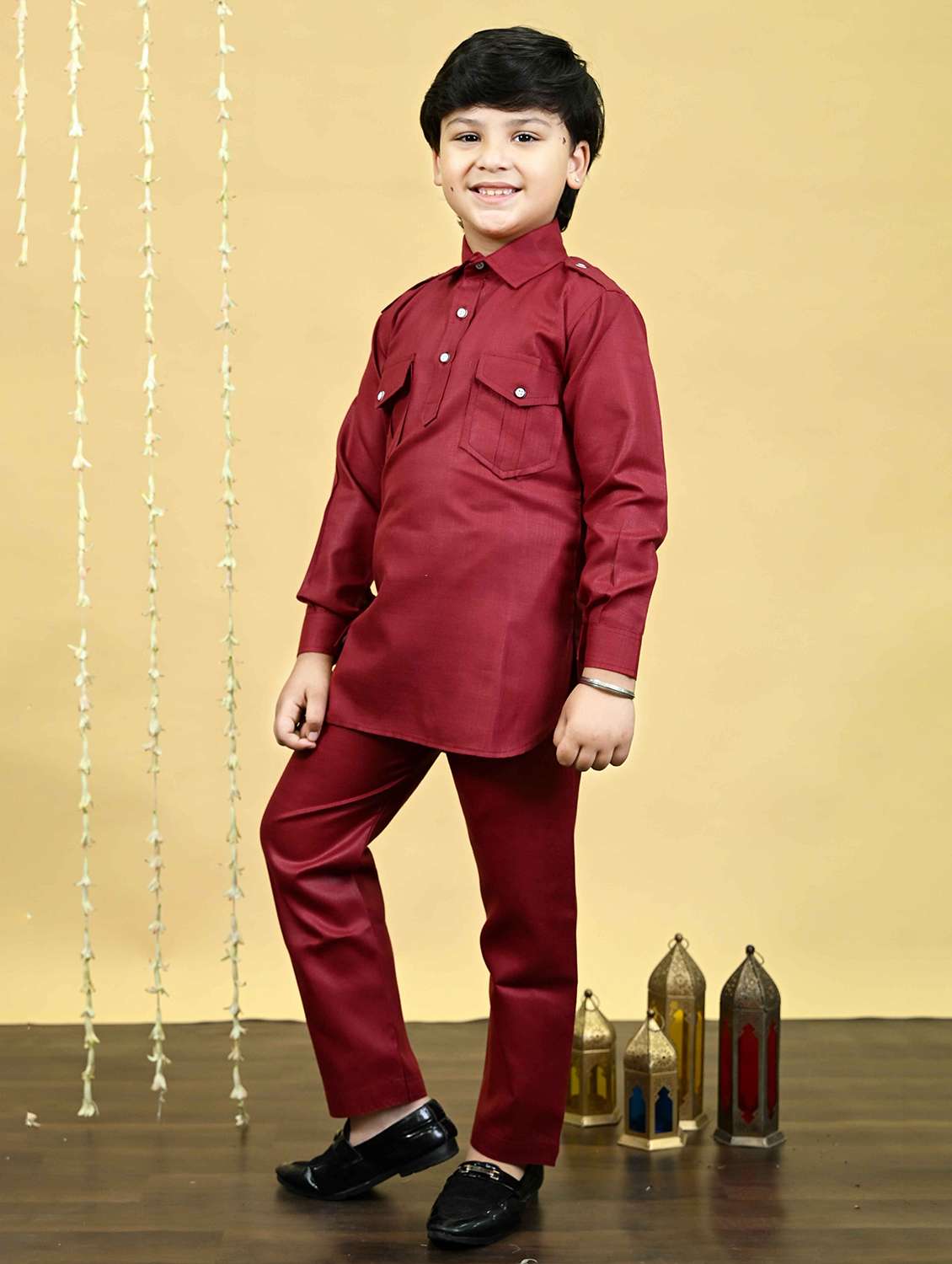 boys solid long sleeve kurta and pyjama set