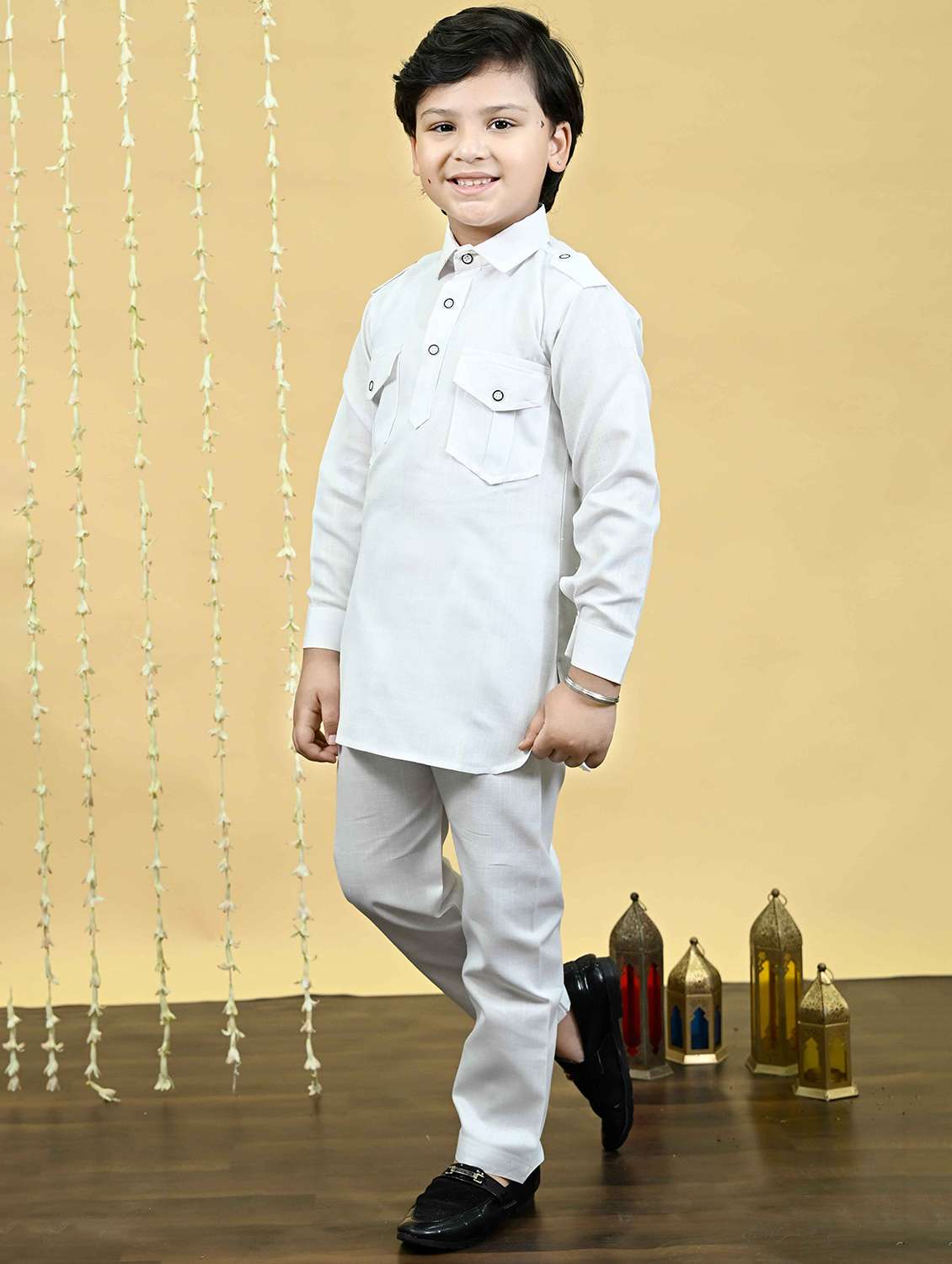 boys solid long sleeve kurta and pyjama set