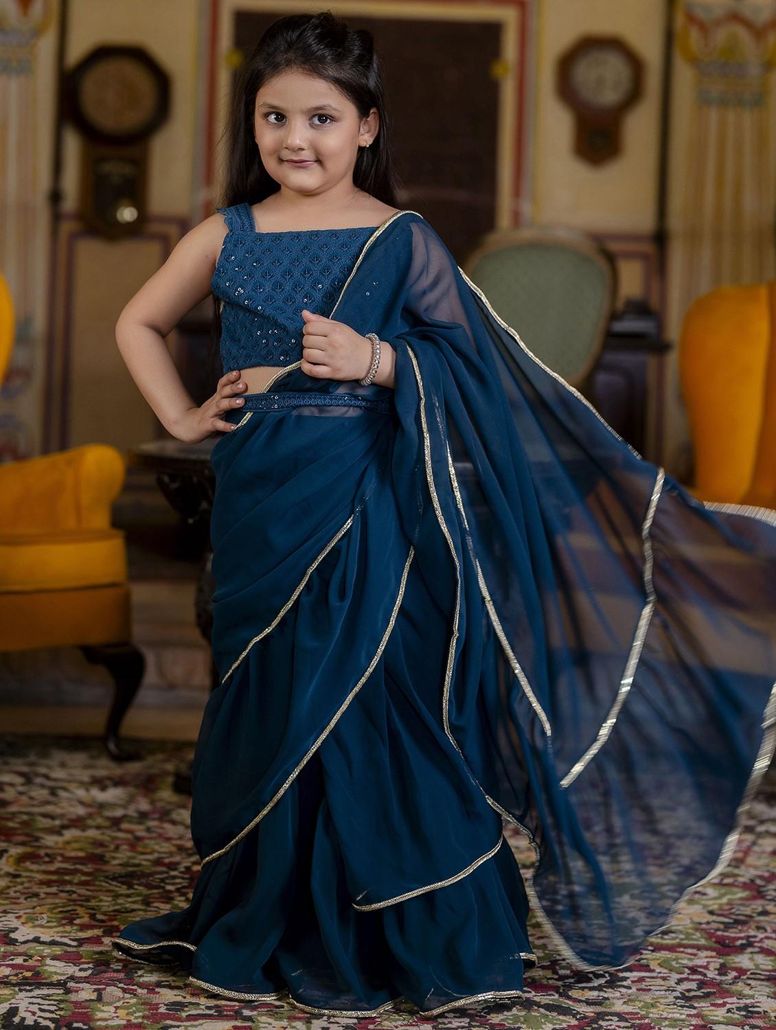 girls solid ruffled ready to wear saree - 21935694 - Zoom Image - 0