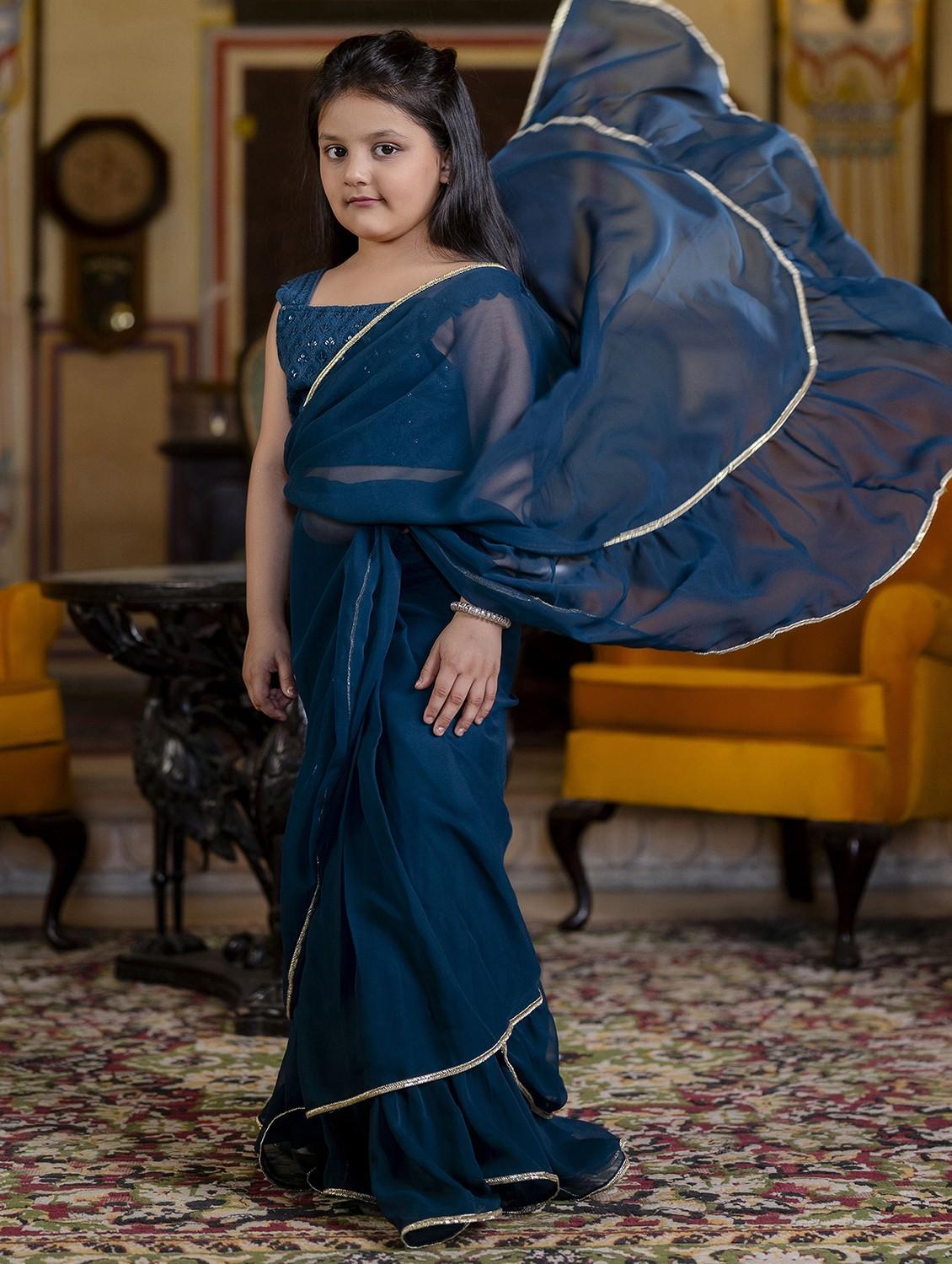 girls solid ruffled ready to wear saree - 21935694 - Standard Image - 3