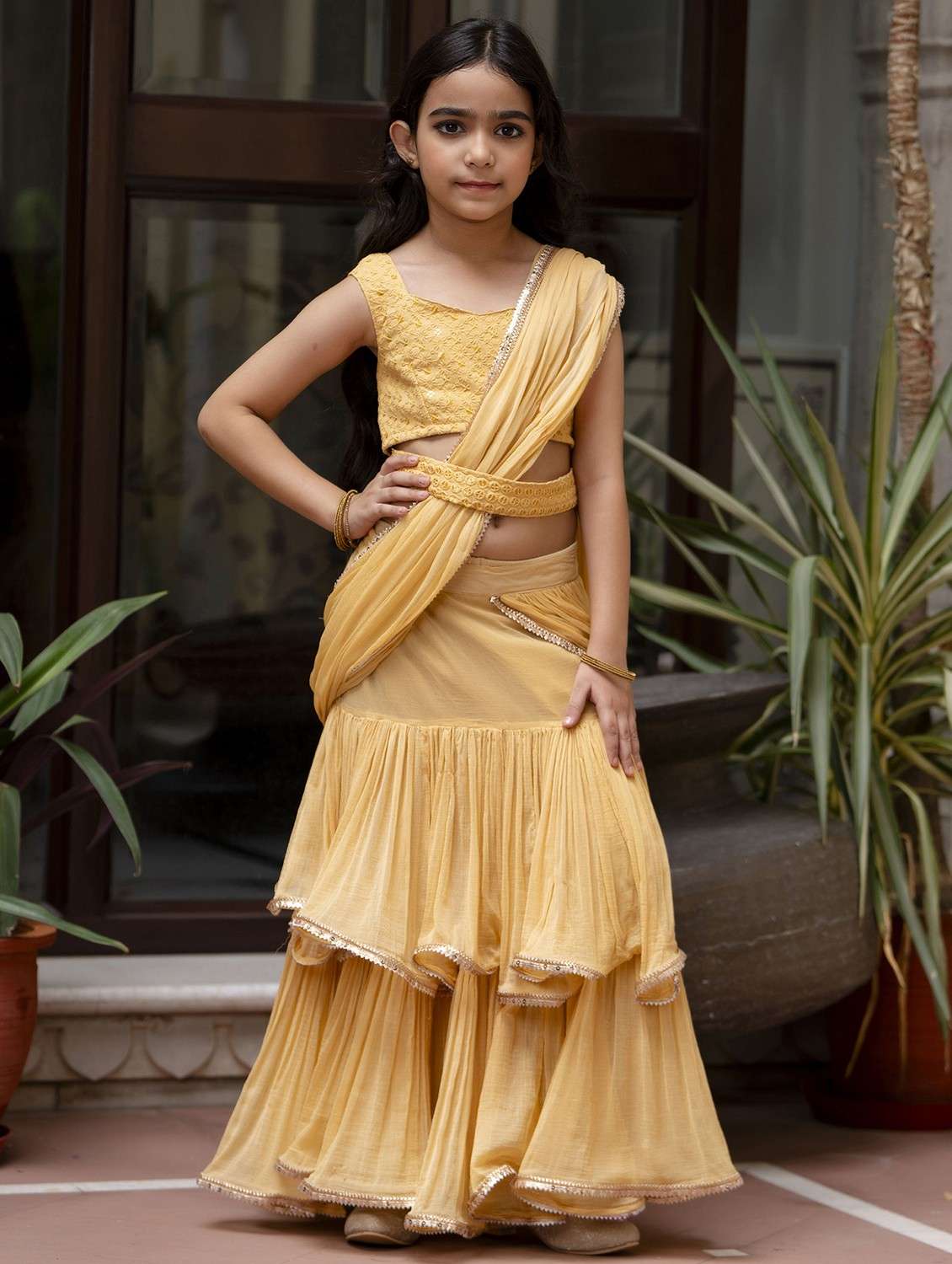 girls solid ruffled ready to wear saree