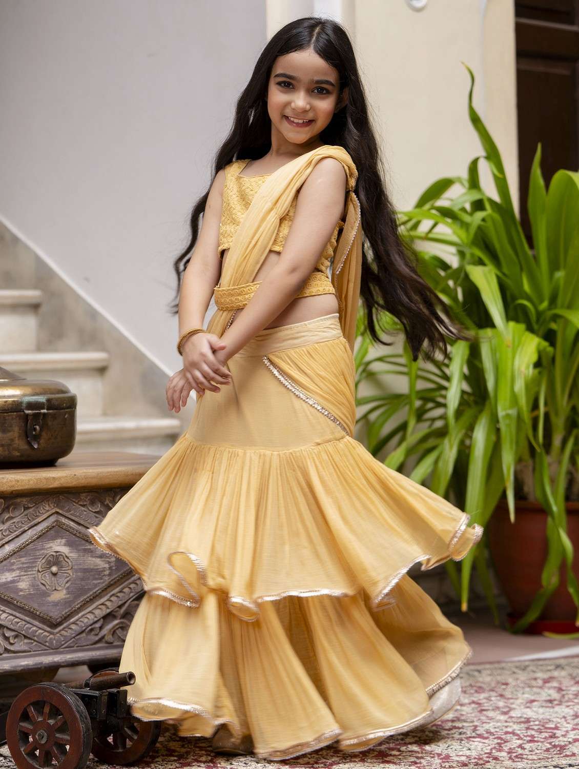 girls solid ruffled ready to wear saree - 21935699 -  Standard Image - 3