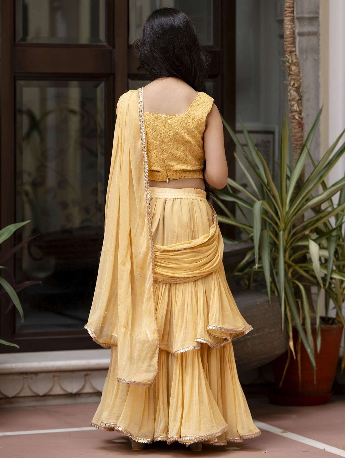 girls solid ruffled ready to wear saree - 21935699 -  Standard Image - 5