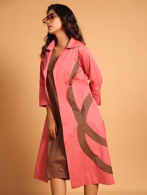 women pink color block long sleeve coat dress - 21935902 -  Standard Image - 0