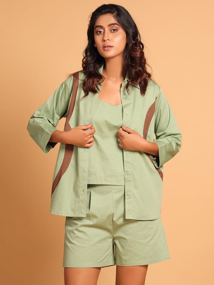 women neo mint color block shirt & shorts co-ord set - 21935913 - Zoom Image - 0