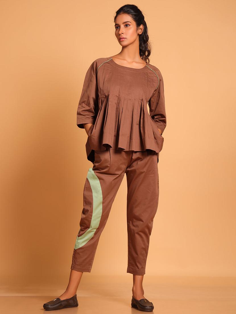women brown color block top & trouser co-ord set