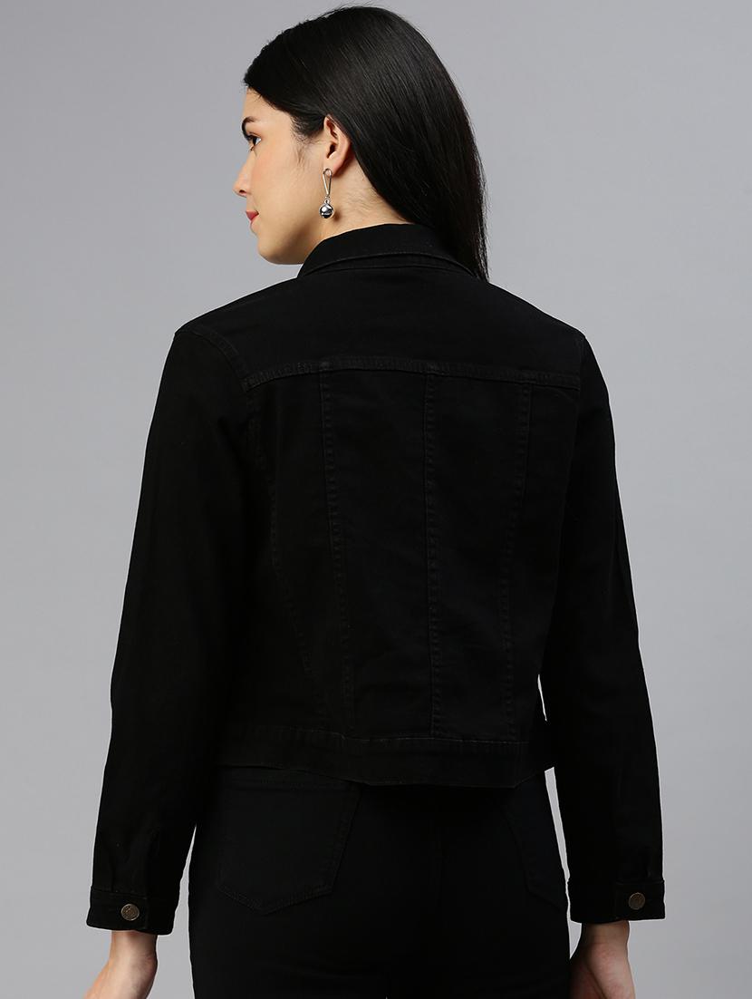 women black solid long sleeve denim jacket - 21935945 - Standard Image - 3