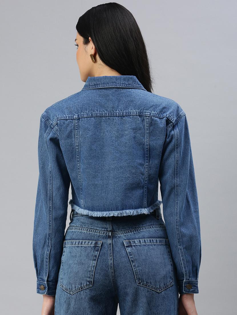 women blue solid long sleeve denim jacket - 21935946 - Standard Image - 3