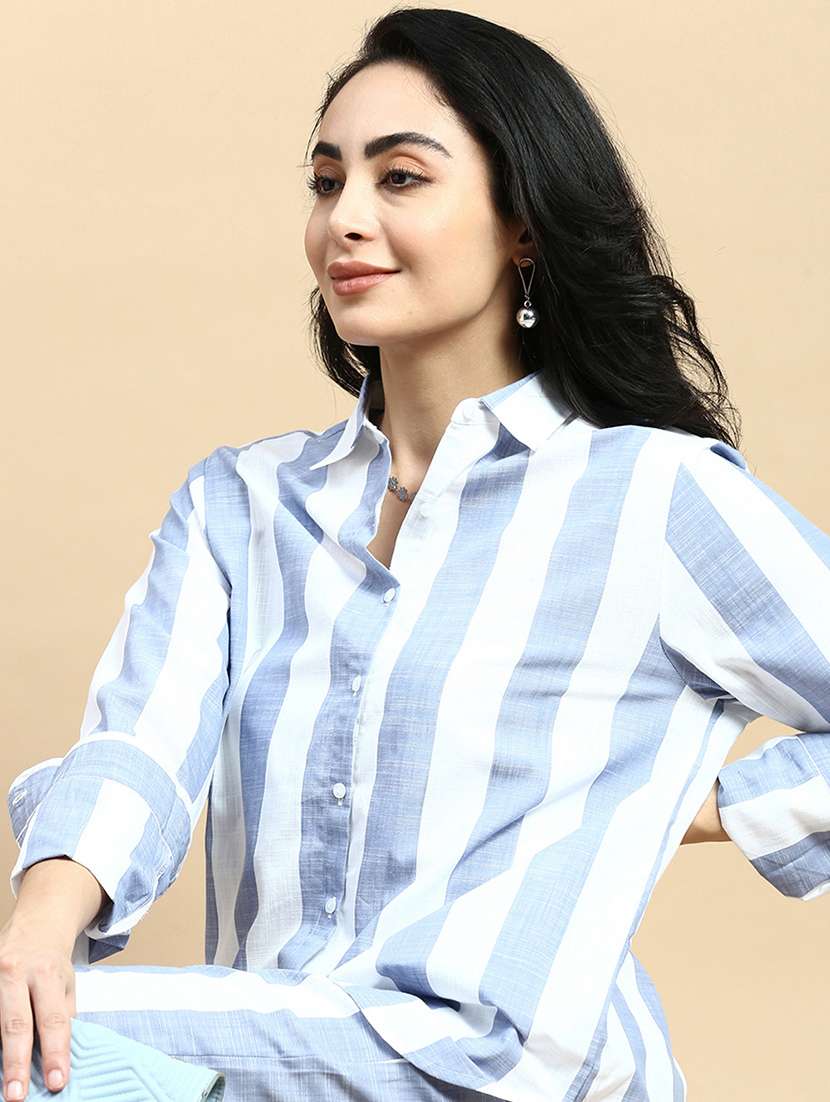 women striped collared long sleeve shirt - 21935947 -  Zoom Image - 0