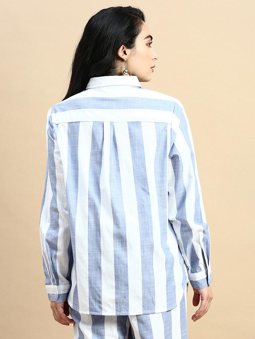 women striped collared long sleeve shirt - 21935947 - Standard Image - 3