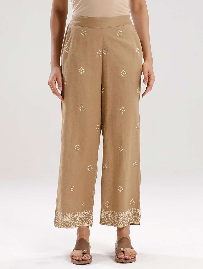 women beige printed mid rise straight palazzo