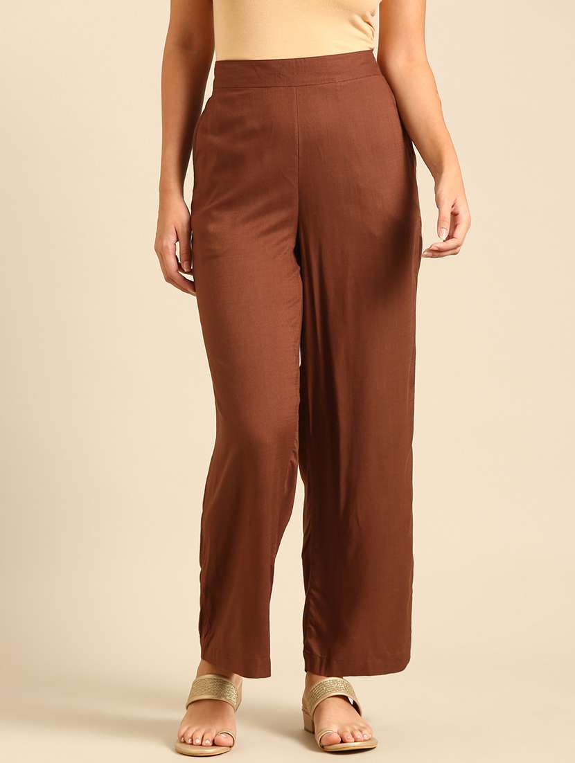 women brown solid mid rise straight palazzo
