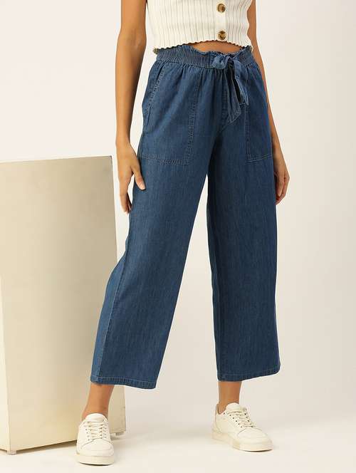 women solid high rise straight fit denim trouser - 21935984 -  Standard Image - 0