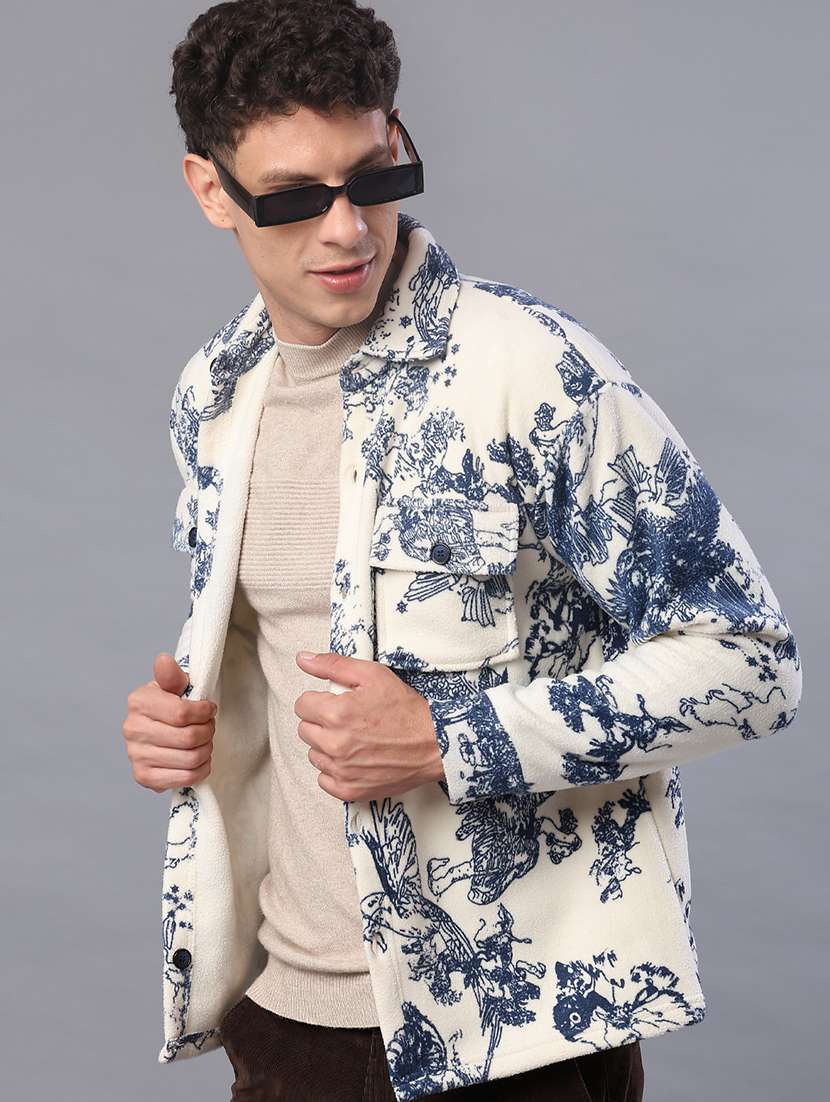 men printed collared long sleeve shacket