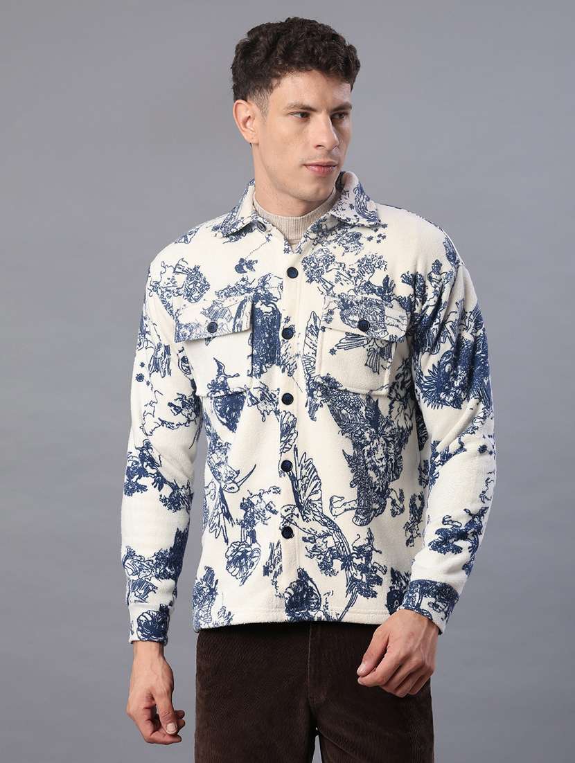 men printed collared long sleeve shacket - 21936122 -  Standard Image - 3