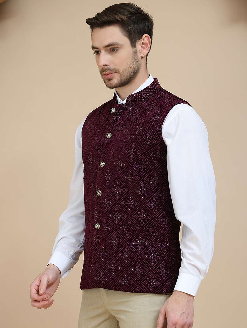 men embroidered mandarin neck nehru jacket - 21936786 -  Standard Image - 3
