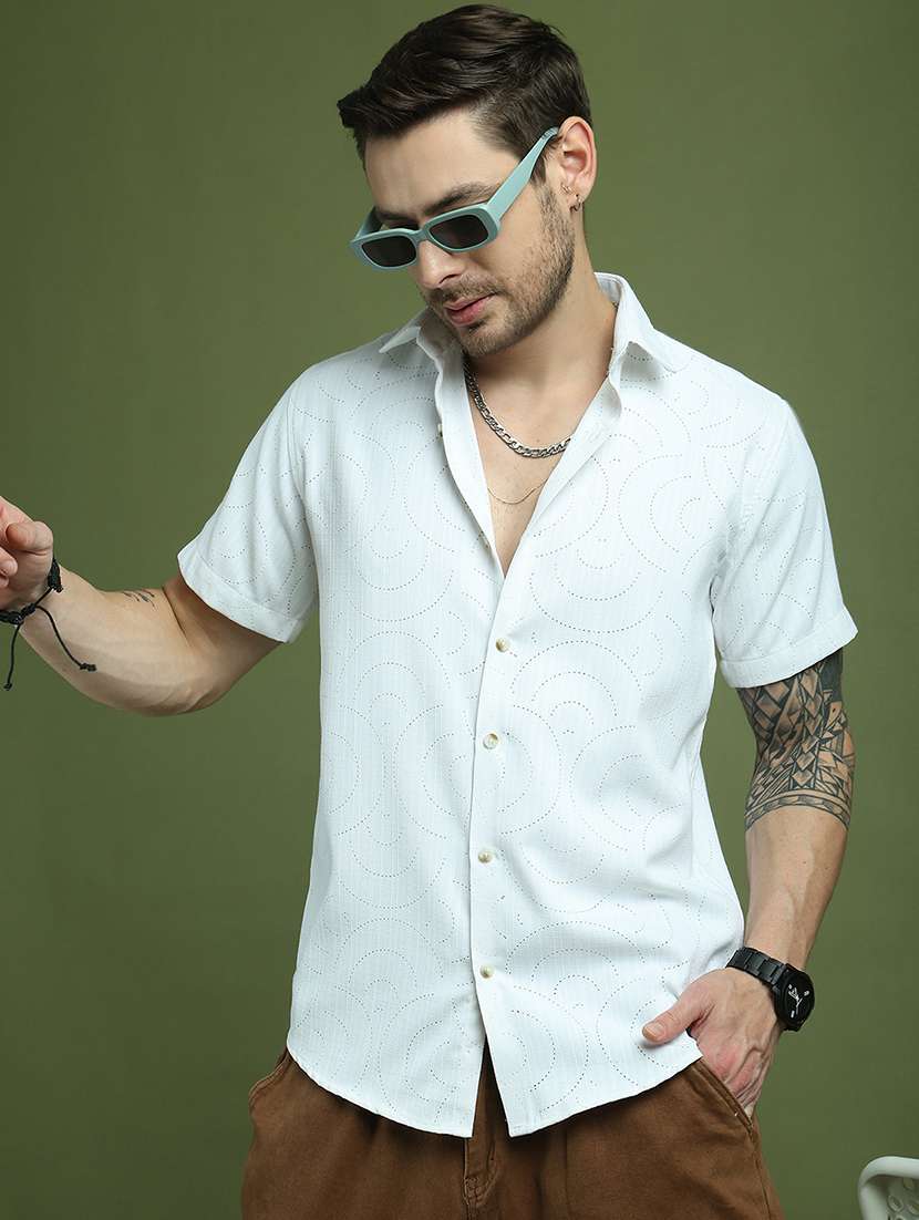 men self design short sleeve slim fit casual shirt