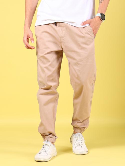 men beige solid mid rise regular fit jogger - 21936795 - Standard Image - 0