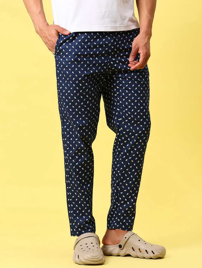 men navy blue printed mid rise pyjama
