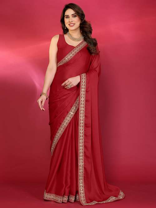 women solid with bordered saree with blouse