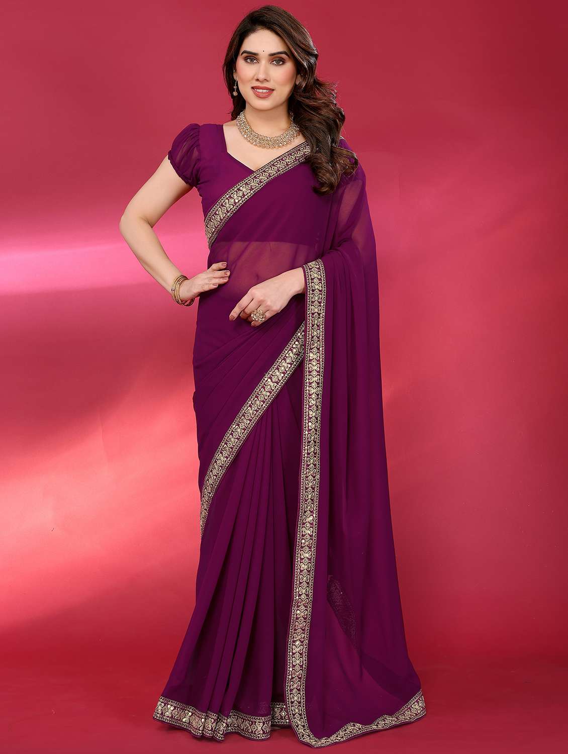 women solid with bordered saree with blouse - 21938451 -  Zoom Image - 0