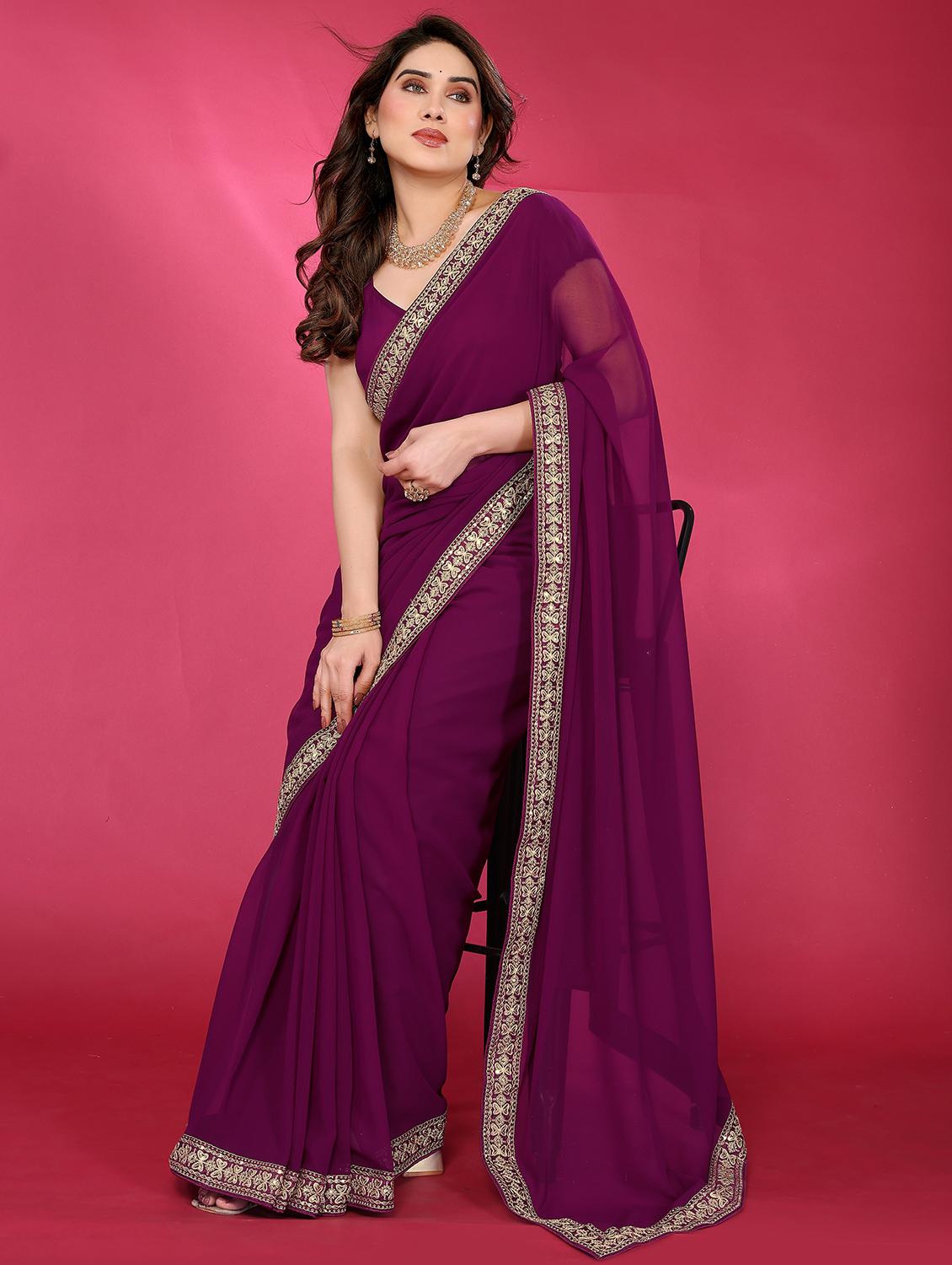 women solid with bordered saree with blouse - 21938451 - Standard Image - 3