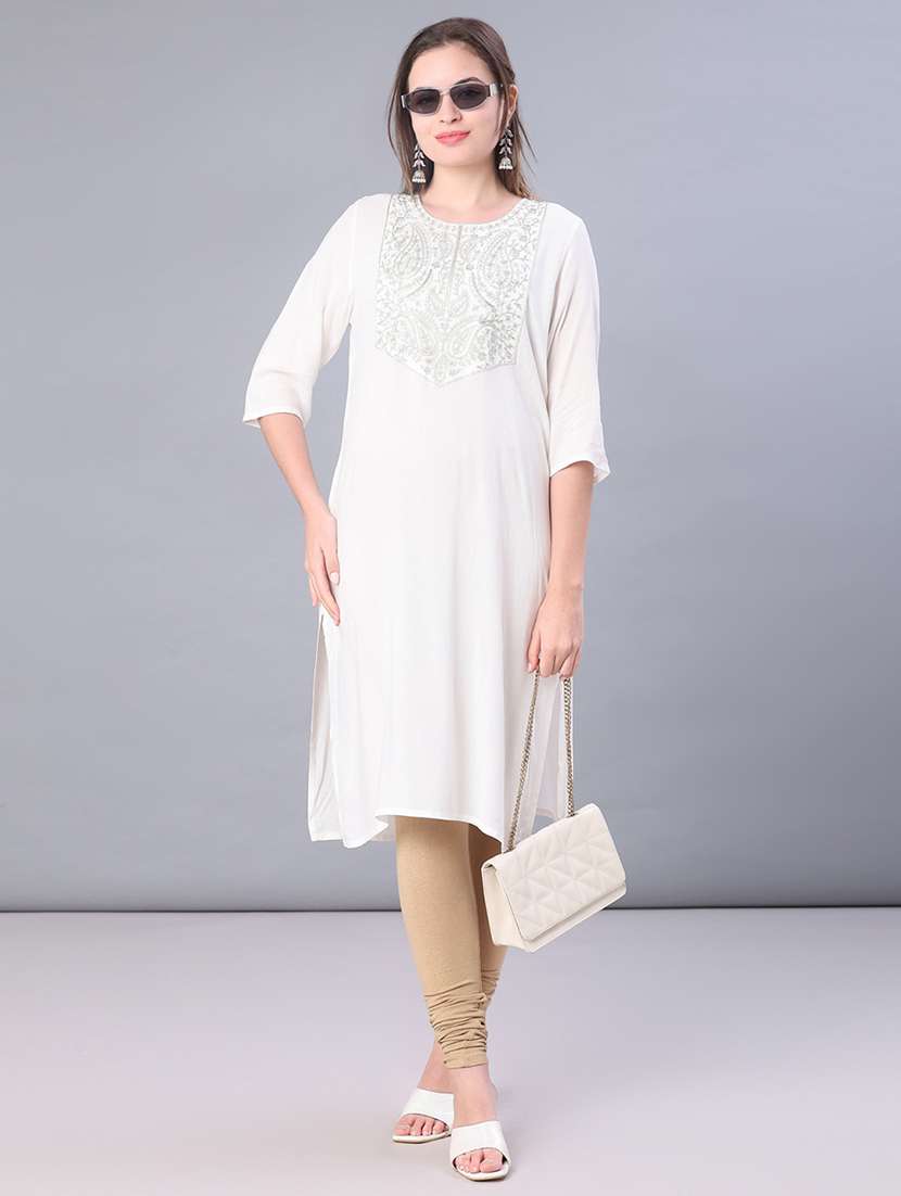 women solid with work three quarter sleeve straight kurta