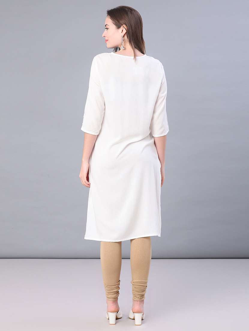 women solid with work three quarter sleeve straight kurta - 21938511 -  Standard Image - 3