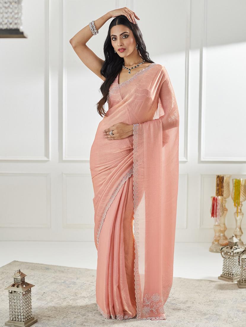 women solid with work embellished saree with blouse - 21938994 - Zoom Image - 0