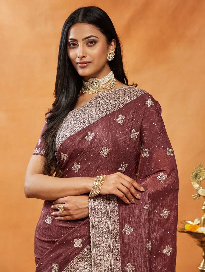 women solid with work embroidered saree with blouse - 21939004 -  Standard Image - 3