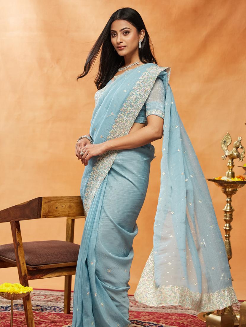 women solid with work embroidered saree with blouse - 21939005 - Standard Image - 3
