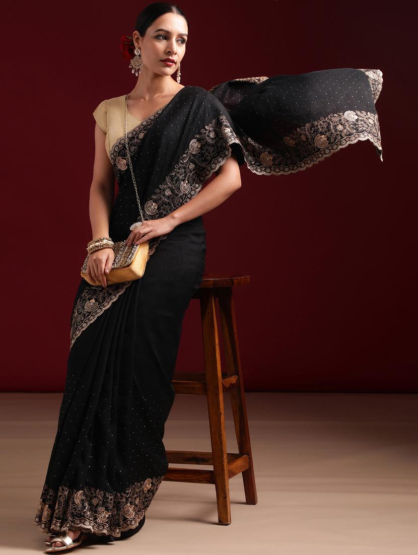 women solid with work embroidered saree with blouse - 21939101 - Standard Image - 3