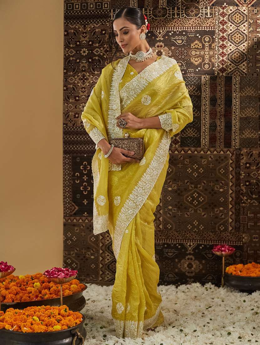 women solid with work embroidered saree with blouse - 21939102 -  Standard Image - 3