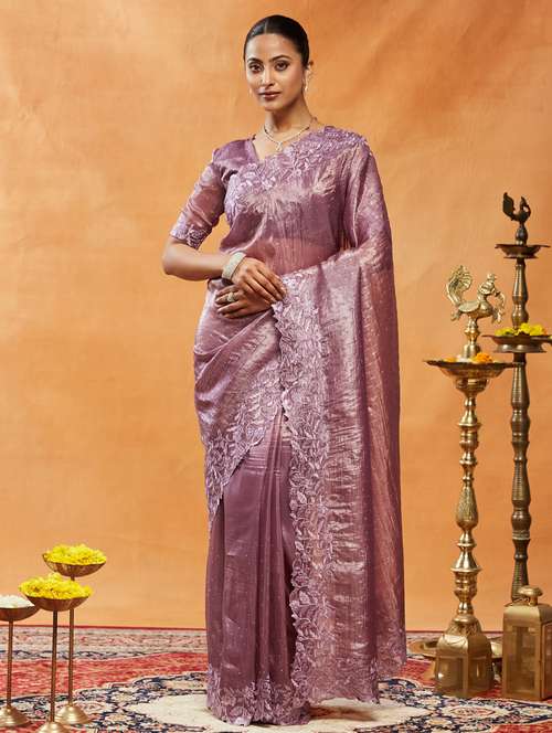 women solid with work embroidered saree with blouse - 21939155 - Standard Image - 0