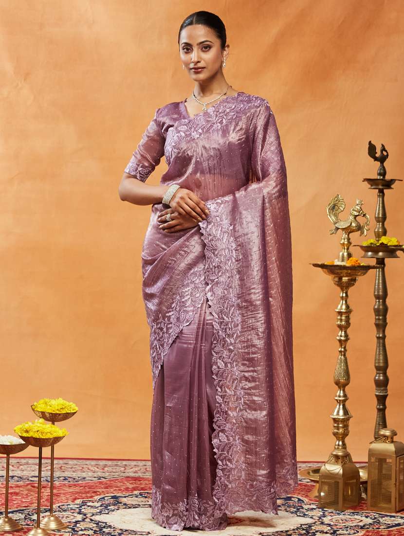 women solid with work embroidered saree with blouse
