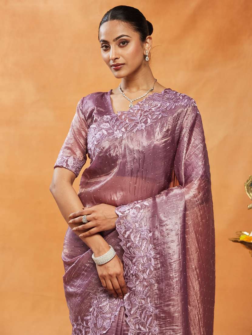 women solid with work embroidered saree with blouse - 21939155 - Standard Image - 3