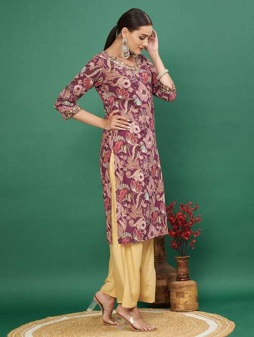women three quarter sleeve straight kurta - 21939241 -  Standard Image - 0