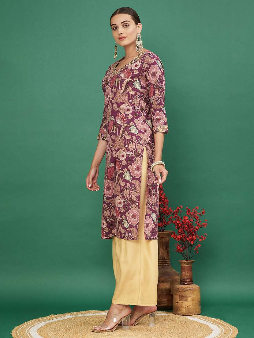 women three quarter sleeve straight kurta - 21939241 - Standard Image - 3